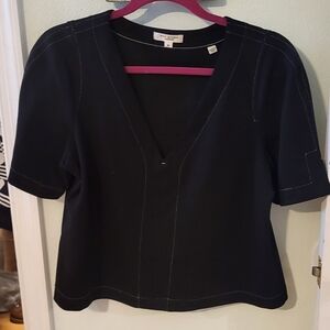 Max Studio Black V-Neck Short Sleeve Top with Contrast Stitching